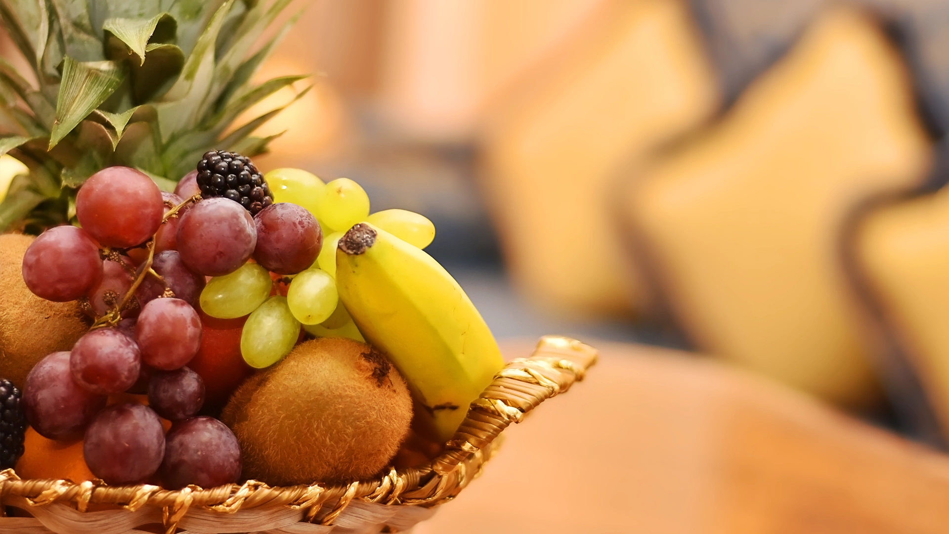 Basket of mixed fruit photographed as an everyday composition