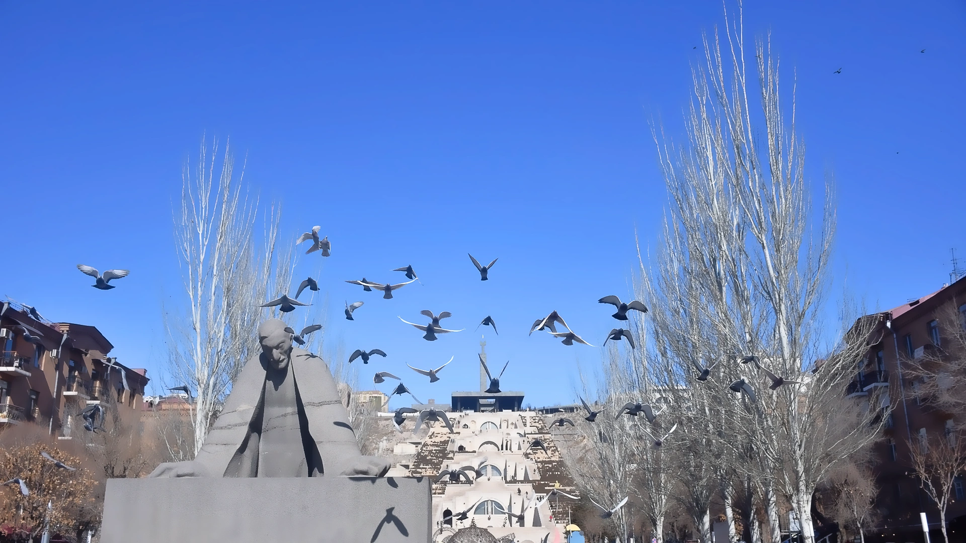 Statue and birds captured at Cascade Complex Yerevan Armenia